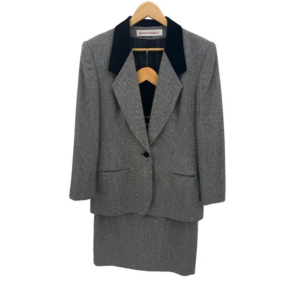 Vintage Evan Picone Houndstooth Skirt Suit Set Black Velvet Collar Womens 10 USA - Picture 1 of 14